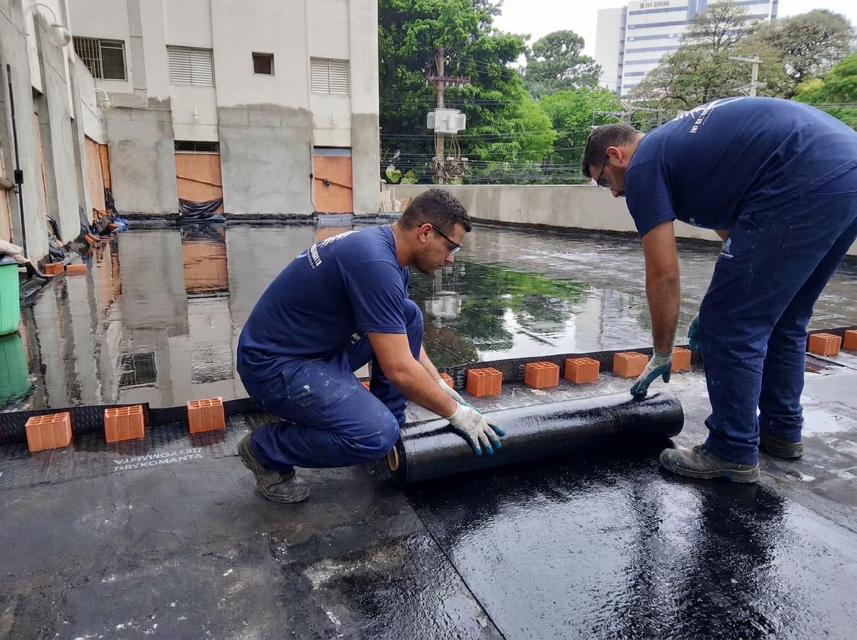 Funcionários da IM Impermeabilização trabalhando em uma laje